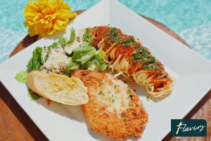 Crispy parmesan chicken and spaghetti with caesar salad