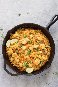 Chicken and shrimp Paella with Plantains and a thousand island salad