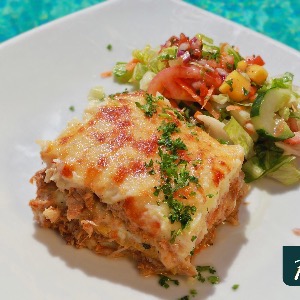 Tuna potato and plantain casserole with a side salad