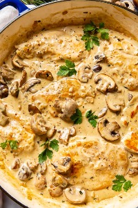 Oven roasted chicken in mushroom sauce with rice and lentils with veggie mix